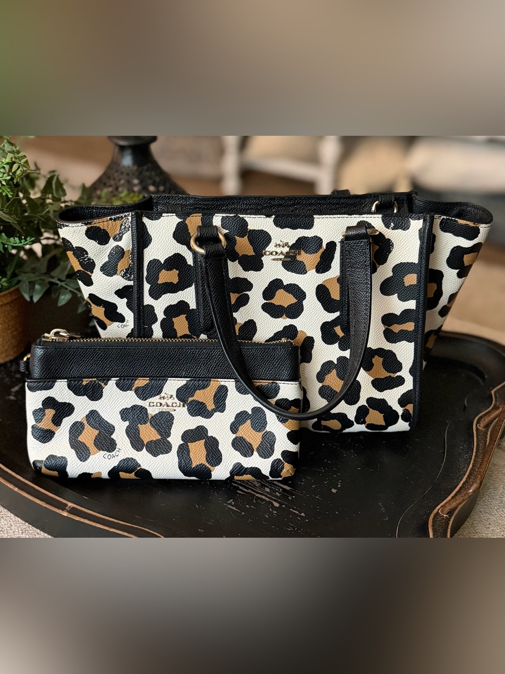 COACH ocelot Print Leather Tote with Wristlet - Black, White & Brown